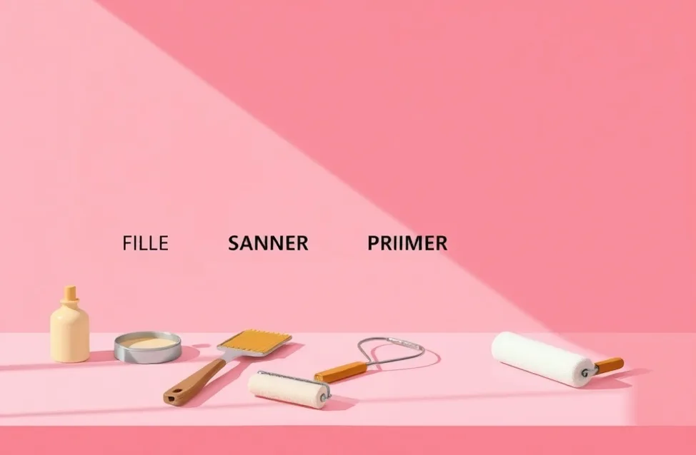 Outils de peinture disposés dans l'ordre des étapes du chantier