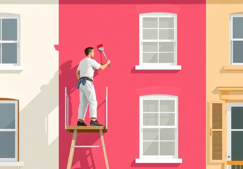 Peintre sur échafaudage traitant la façade d'une maison