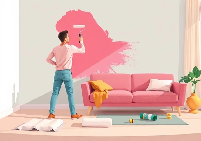 Peintre appliquant la peinture au rouleau sur un mur de salon
